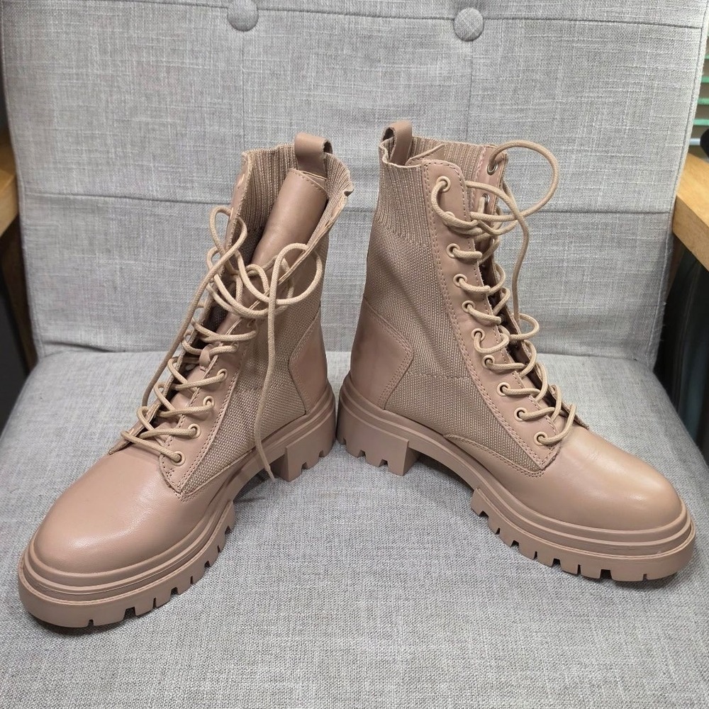 Aldo Beige Knit Sock Combat Boots Lug Sole Lace Up Utility Booties Womens 8